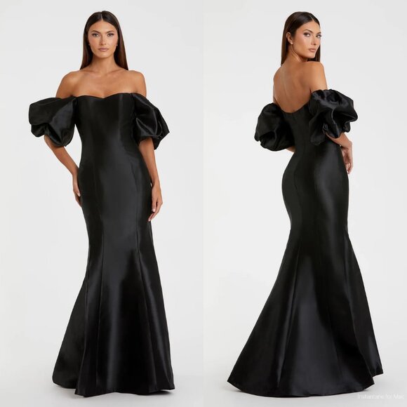 Mac DuggalBlack Sweetheart Off The Shoulder Puff Sleeve Gown